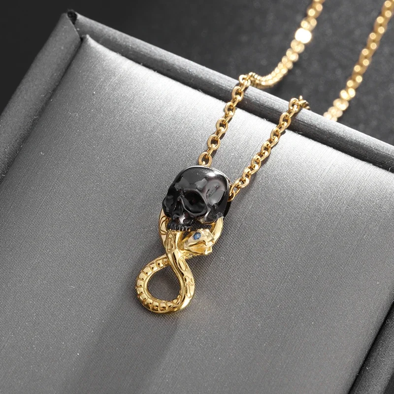 Retro Trendy Skull Snake Copper Pendant Collarbone Necklace Women's Halloween Party Cosplay Exquisite Jewelry