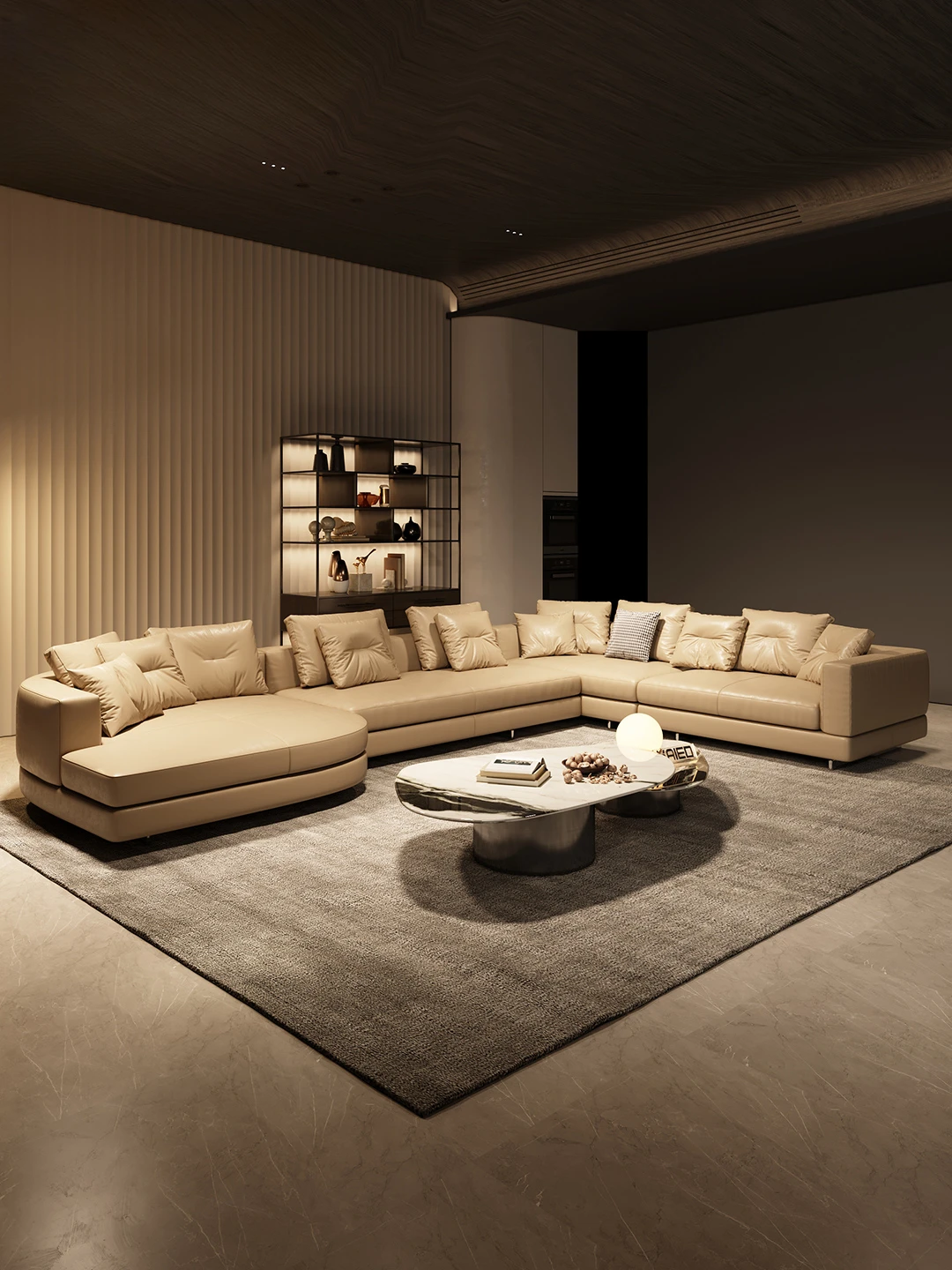 U-shaped leather sofa, leisure sofa, light luxury villa, large flat floor