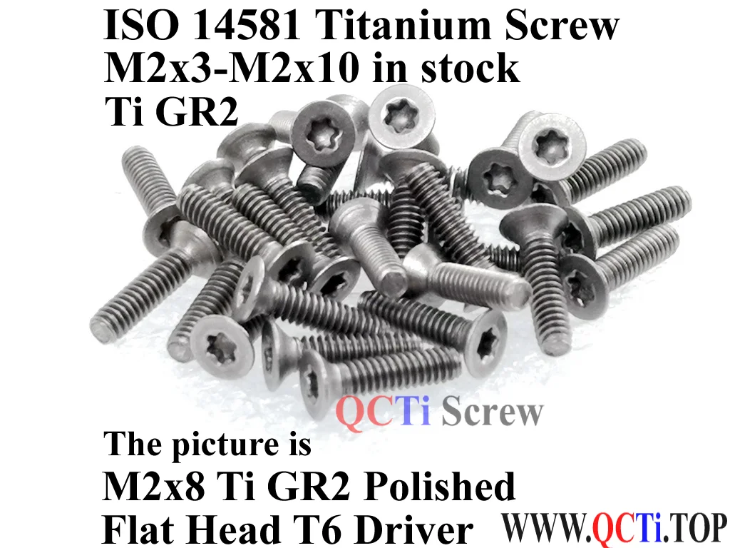 ISO 14581 M2 Titanium screws M2x3 M2x4 M2x5 M2x6 M2x8 M2x10 M2x12 Flat head T6 Driver Ti GR2 10 pcs QCTI Screw