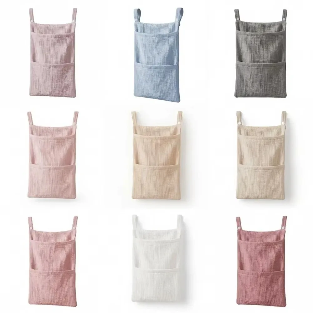 Pure Cotton Baby Crib Hanging Bag Multifunctional Large Capacity Stroller Storage Bag Solid Color 2 Pockets Diapers Organizer
