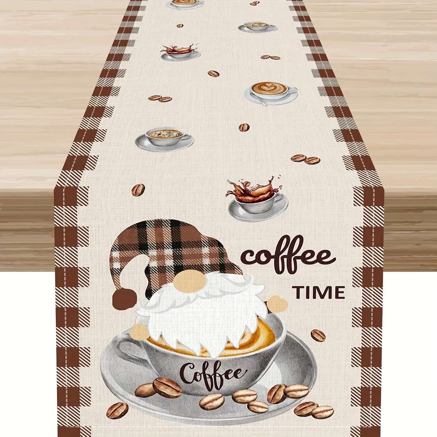Farmhouse Coffee Time Tischläufer aus Leinen – Retro-Zwerg- und Kaffeetassen-Design, beige-braun kariert, Kaffeebar-Dekor