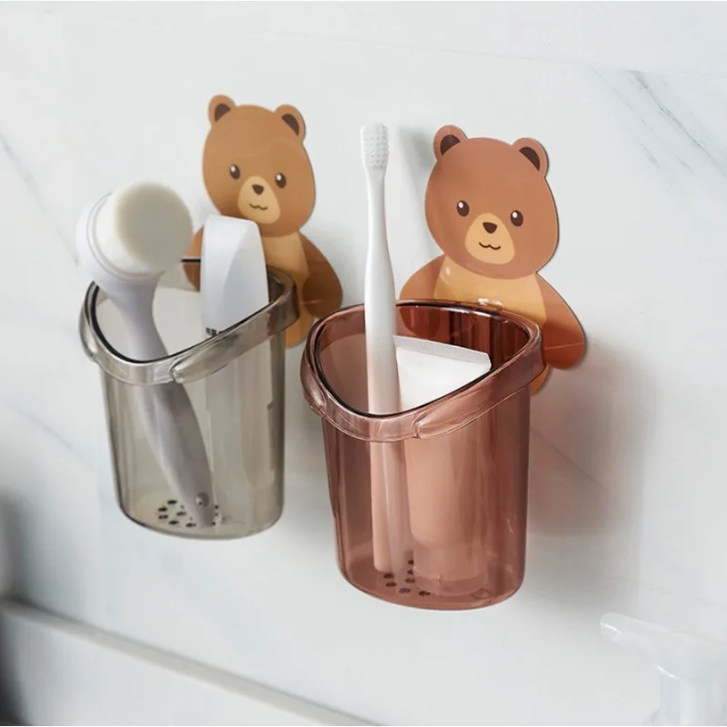 Toothbrush Holder Adorable Bear Hug Storage Cup Wall-mounted Drain Design Easy Organization Toothbrush Cup Bathroom Supplies