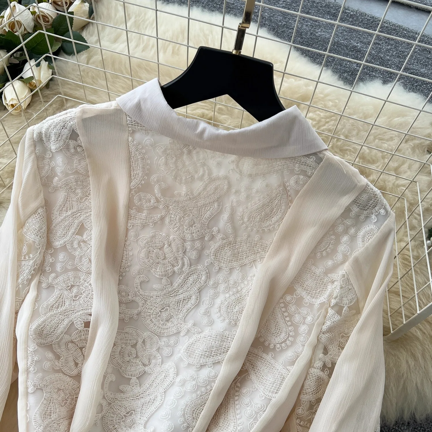 Herbst Aushöhlen Spitze Stickerei Splice Prom Party Kleid frauen Drehen Unten Neck Laterne Hülse Einreiher Elegante Vestidos