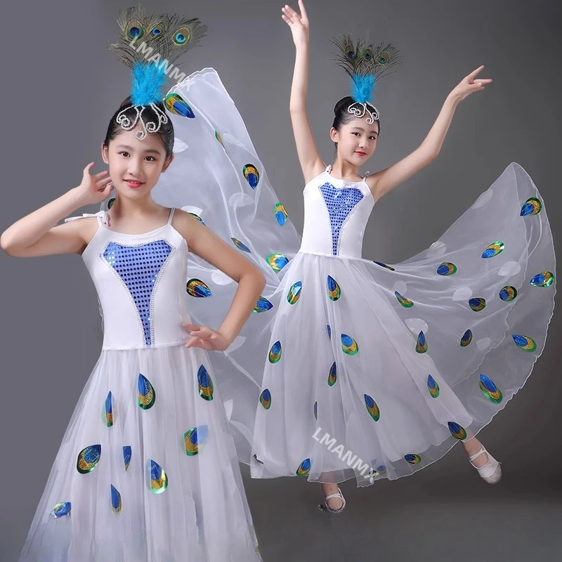 Nuevo traje de danza étnica, disfraz étnico Dai, disfraz de actuación de falda grande para baile de pavo real y espíritu de gorrión para niños