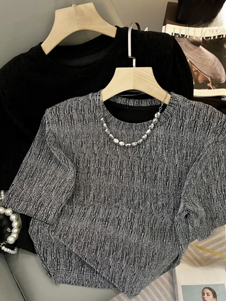

Shiny Silk round Neck Short Sleeve T-Shirt plus Size Loose Casual Korean Style Women's Summer Top for And Pear Shaped