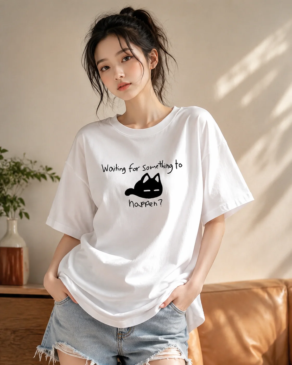 Waiting for Things To Happen Omori Cat Printed Women T-shirt Fashion Harajuku Short Sleeved Round Neck Short Sleeved Top