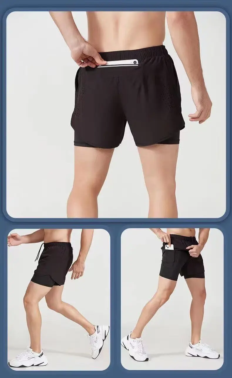 

Быстросохнущие спортивные шорты для бега, мужские повседневные пляжные брюки больших размеров для улицы, искусственные двухсекционные шорты для фитнеса, трехкомпонентная подкладка на пояс