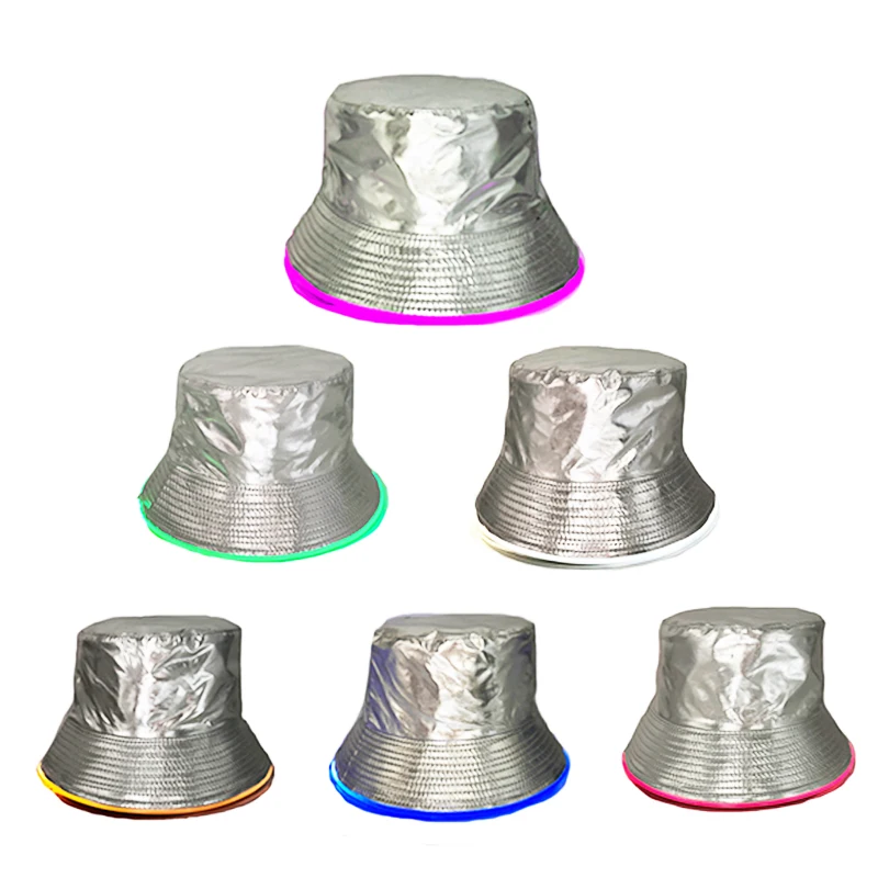 Fashion LED Silvery Fishermen Caps Masquerade Concert Club Dress Up Props Seaside Holiday Hat Light Up Golden Bucket Hats