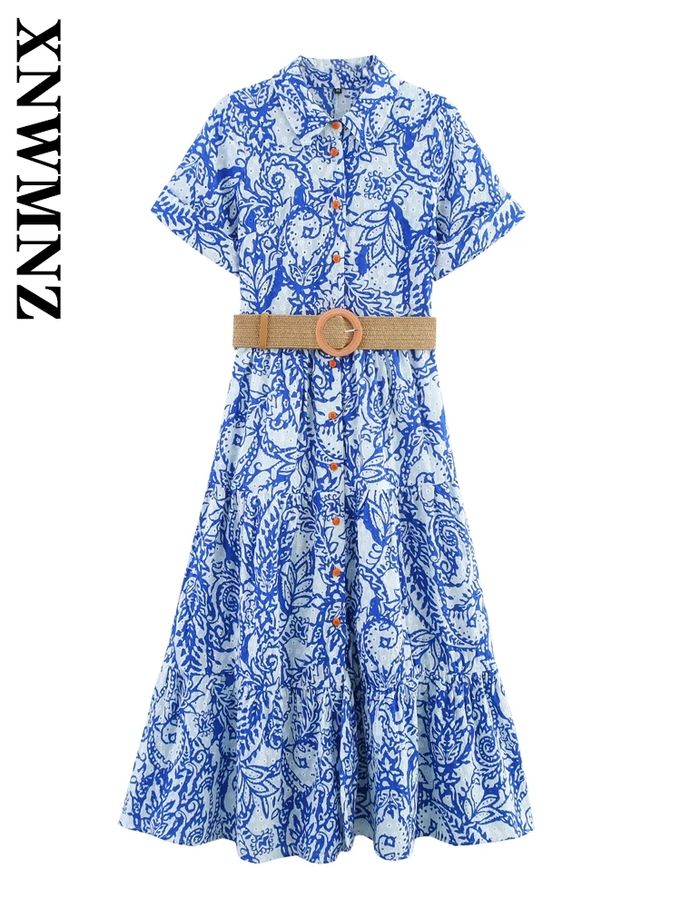 

XNWMNZ 2025 Spring Woman's Holiday Fashion Short Sleeve Print midi Dresses boho Chic Summer Female Blue Turn-down Collar Dress