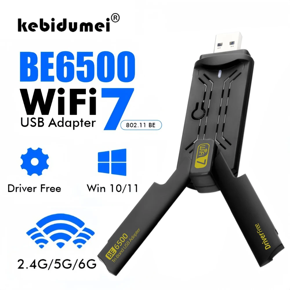 

Tri-band 6500M WiFi 7 Wireless Network Card BE6500 2.4G&5.8G&6GHz USB Adaptad 802.11be Free-Drive WiFi Adaptador for Win 10/11