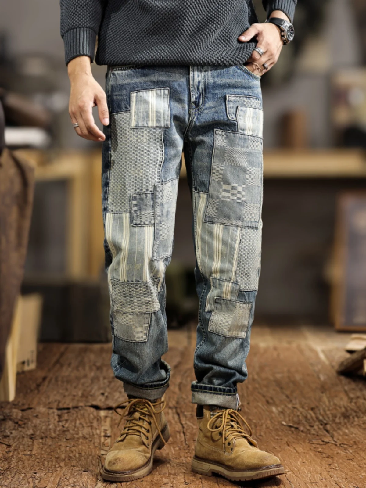 

Retro American Spliced Patchwork Jeans Men's Casual Loose Straight Leg Long Trousers Spring Autumn Wear Resistant Straight Tube