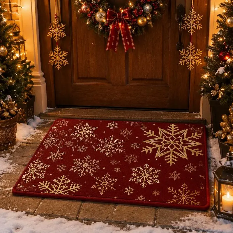 VIKAMA Red Buffalo Plaid Santa Snow Figure Reindeer Holiday Entry Rug Festive Greeting Floor Mat Skid Resistant Decor Soft Cozy