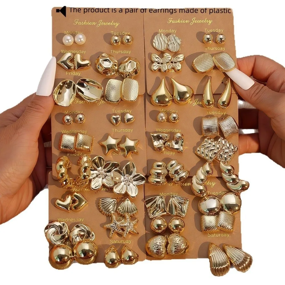 6Pairs Vintage Gold Dangle Earring Starfish Seashells Drop Pendant Earrings Heart Bohemian Ear Studs Women Accessories