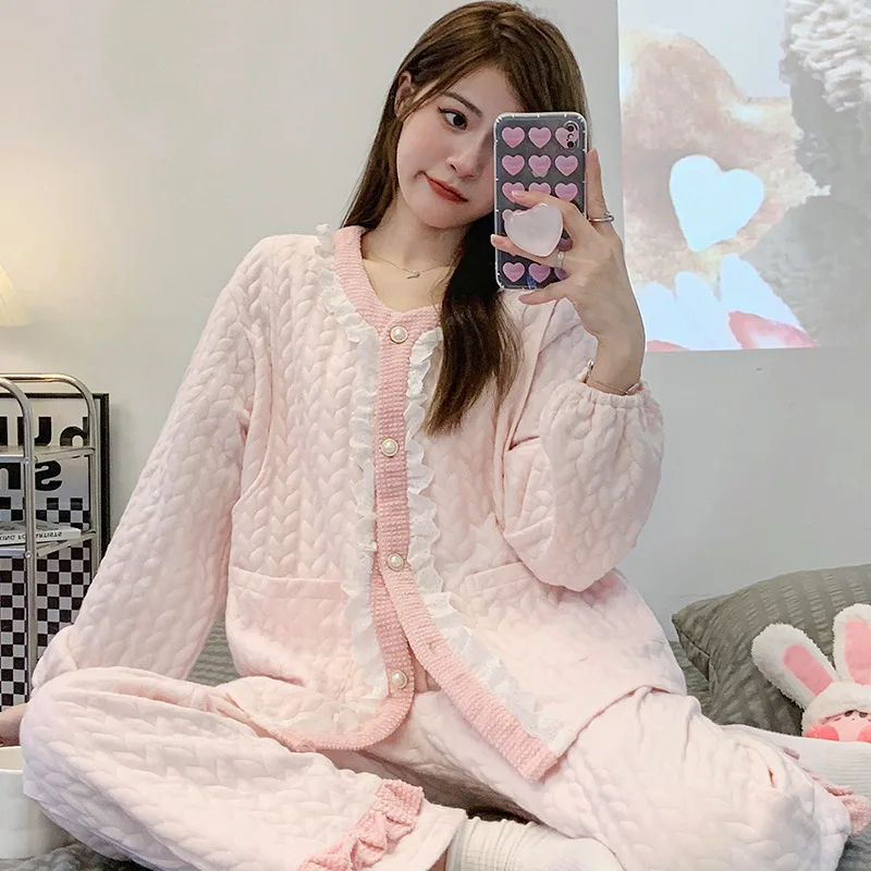 Autumn Winter Maternity Nursing Pajamas Set Thickened Air Cotton Side Open Breastfeeding Homewear Pregnant Women Sweet Sleepwear