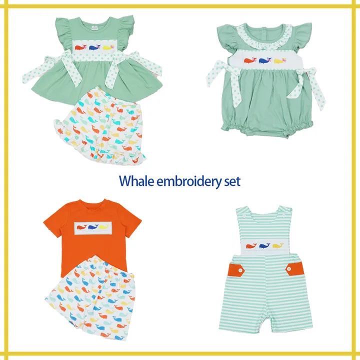 Baby Cotton Short Sleeved Green T-shirt Set Round Neck Whale Printing Boy Top Clothes And Stripe Shorts Suit Girl Romper WithBow