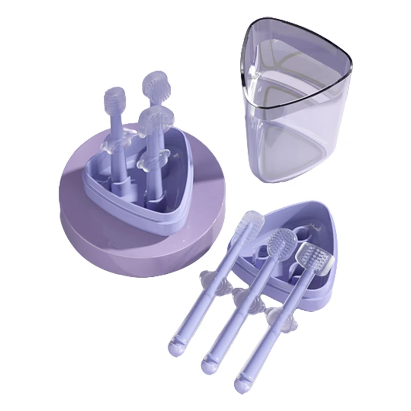 Cepillo de dientes de silicona 3d para bebé, 3 piezas, 0-18 meses, todo alrededor, limpieza de la lengua, entrenamiento para niños, con estuche para