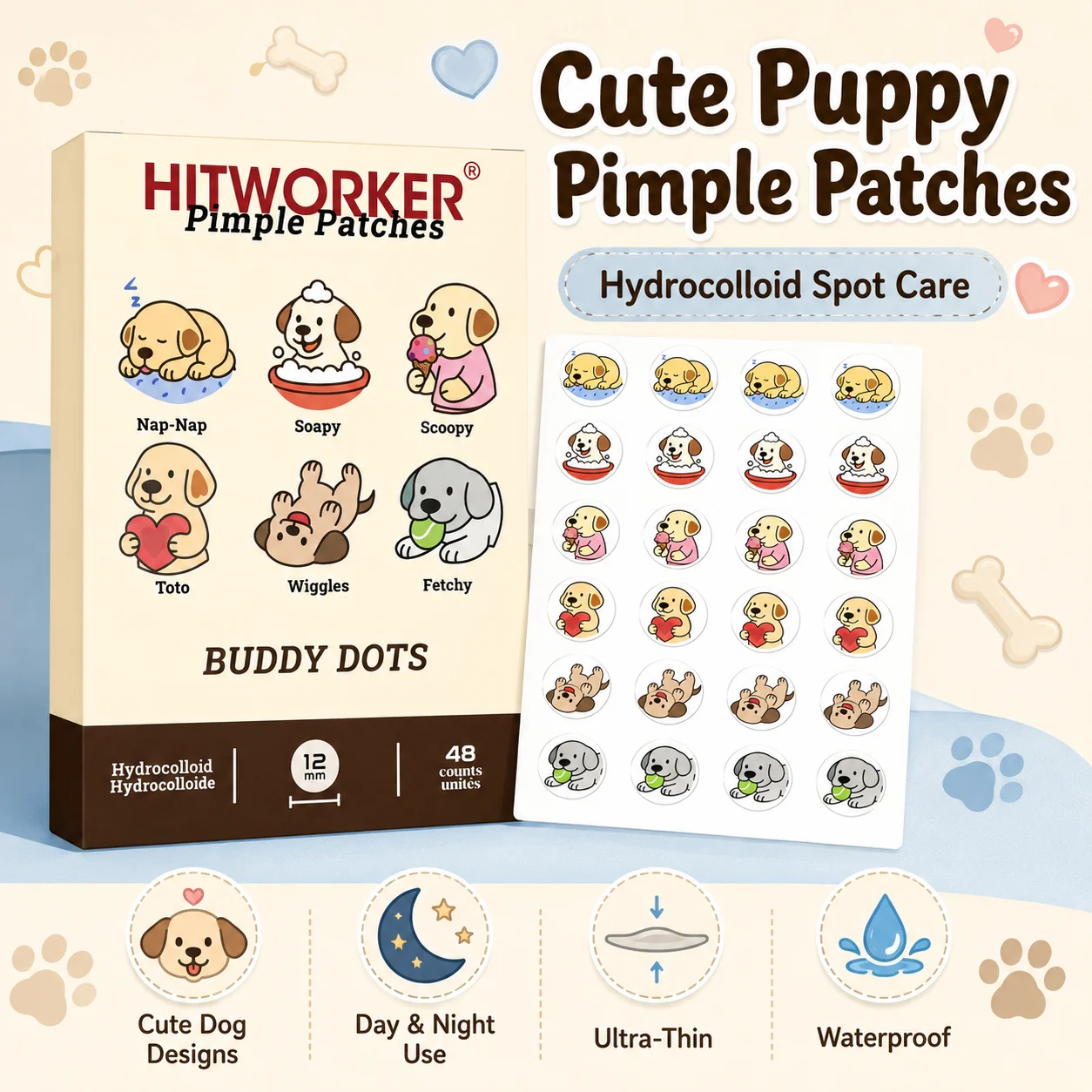 24/48/72Pcs High-Quality Hydrogel Cute Puppy Dog Acne Removing Patch, Alcohol-Free, Tasteless, Deep Cleaning Acne Removing Patch