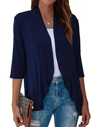 Plus Size V-neck Loose Pleated Cardigans Casual Frill Solid 3/4 Sleeve Spring Summer Fall Cardigan Plus Size Women's Clothing