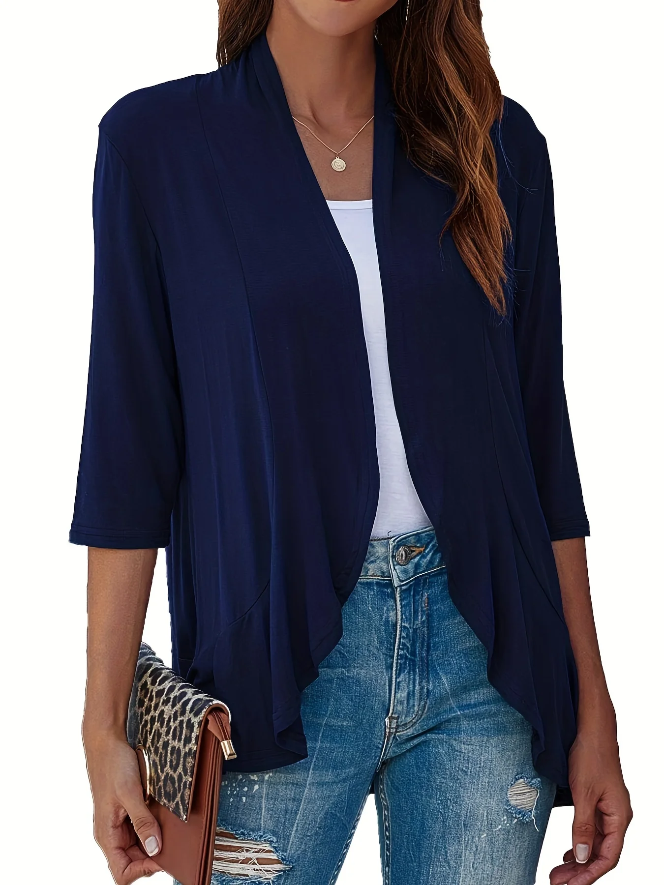 Plus Size V-neck Luźne plisowane kardigany Casual Frill Solid 3/4 Rękaw Wiosna Lato Jesień Kardigan Plus Size Odzież damska