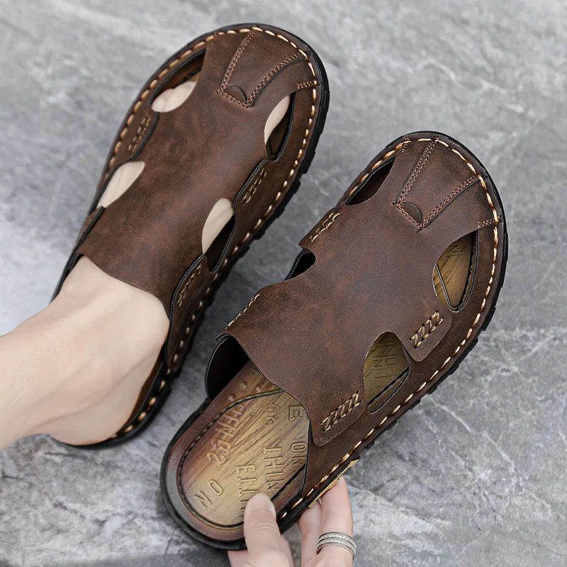 

Men's Summer Slippers 2024 Luxury Artificial Leather Casual Barefoot For Men Comfortable Moccasins Flats Outdoor Walking Shoes