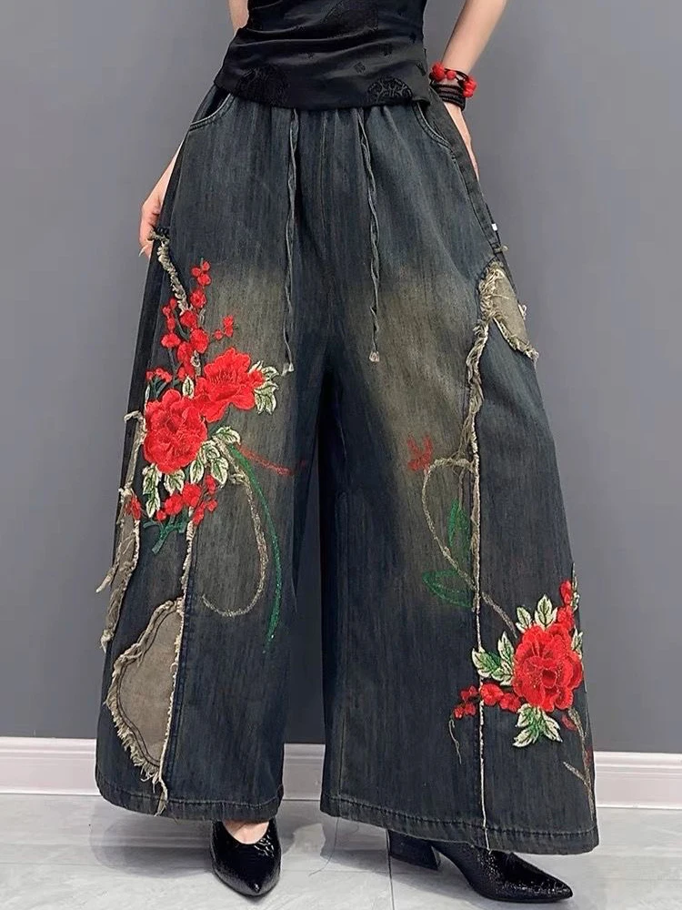 

High Waist Vintage Jeans Spring New Casual Elastic Waistline Women Pants Loose Floral Embroidery Jeans Women Wide Leg Pants