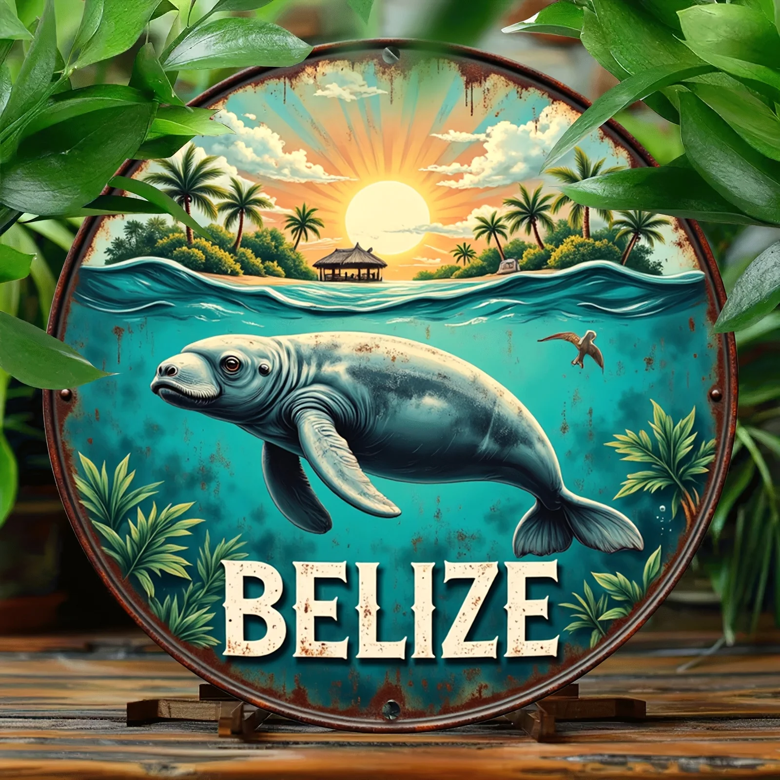 2D Flat, Retro Coastal Metal Wall Art - Circular Belize-Themed Sign with Serene Manatee, Tropical Palm Trees & Sunset Design - V