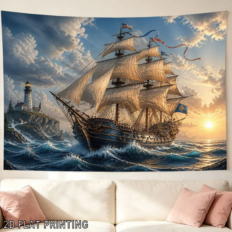 Decorative Nautical Tapestry Wall Hanging Pirate Ship Ocean Scene Maritime Adventure Decor Large Realistic Coastal Lighthouse Ca