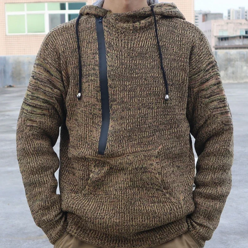 Long Sleeve Hoodie Mens Sweater Casual Loose Drawstring Knitted Hooded Sweatshirt Autumn Winter Vintage Men Wool Knitting Hoodie