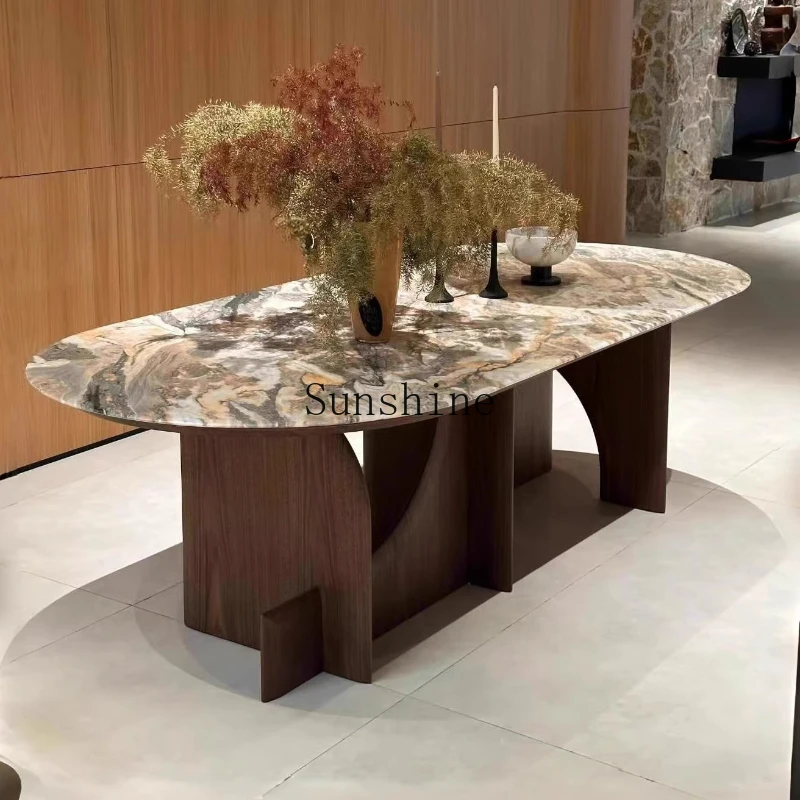 

Italian Minimalist Restaurant Black Walnut Luxury Stone Marble Slate Dining Table