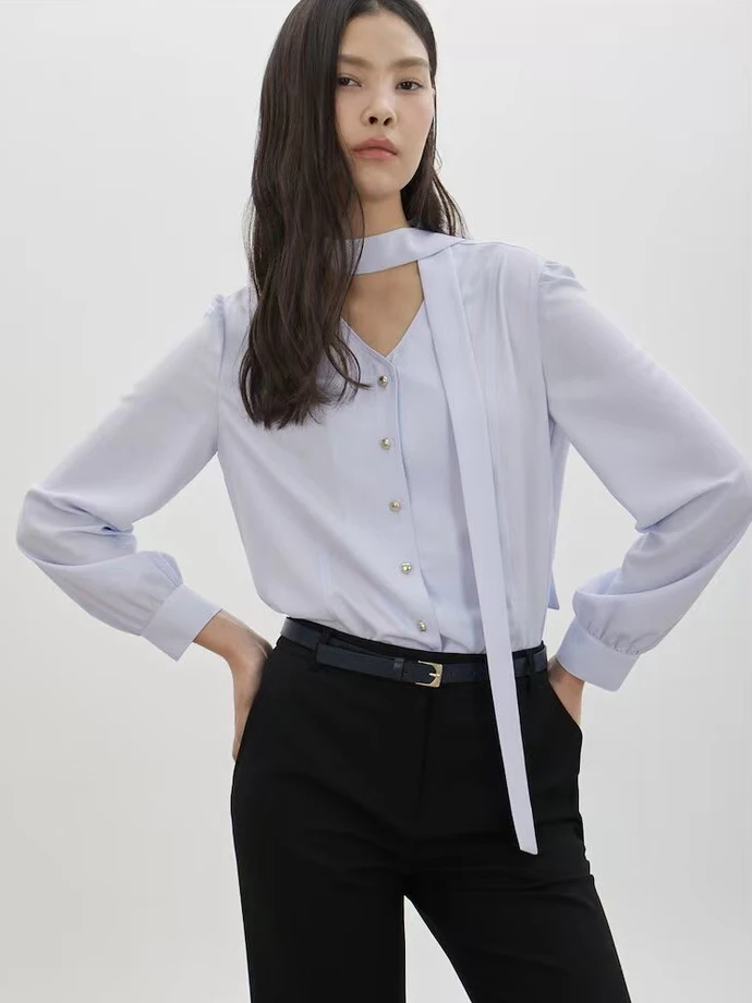 

Женская блузка MICOAT Secretary Gentle Wind 26 Spring Elegance V-ne Sa Knot Pure Color с длинными рукавами во французском стиле