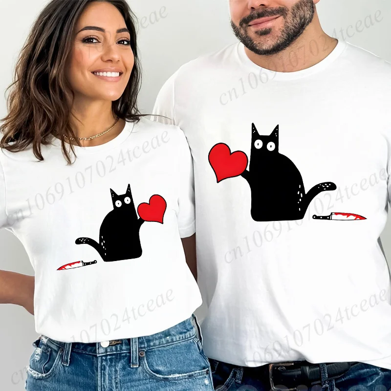 

Футболка «Черный кот с ножом», футболки для пар, рубашки для пар, лучшие рубашки для пар, рубашка для влюбленных, наряды с черными кошачьими сердечками