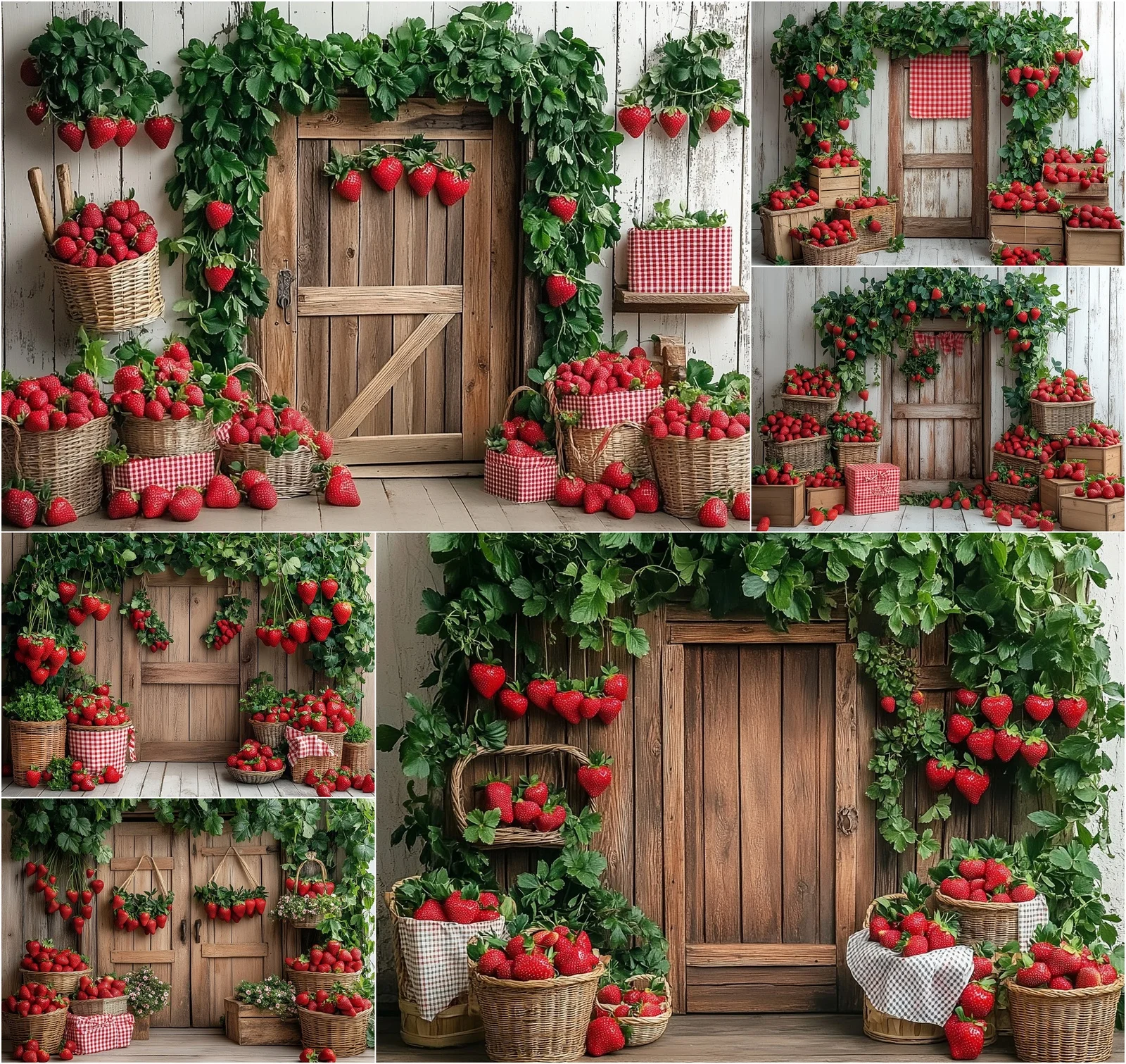 Mehofond Photography Background Spring Vitality Strawberry Wooden Wall Green Vine Wooden Basket  Family Portrait Backdrop Decor
