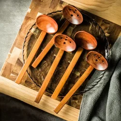 4Pcs Wooden Spoon Kitchen Ladles Soup Spoon Japanese Wood Serving Spoons Big Ramen Spoon Soup Noodle Hop Pot Strainer Tableware