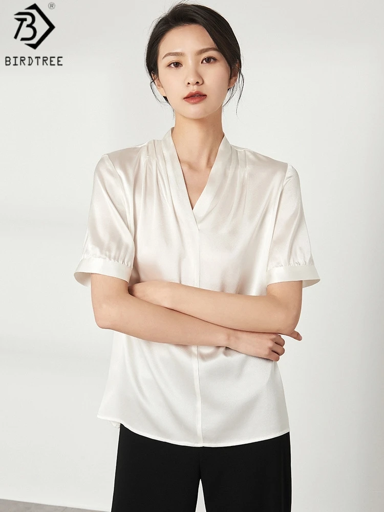 Birdtree,93% Real Silk 7% Spandex Solid Tshirt,V-neck Tops,Women Stretch Satin Short Sleeve Loose Shirt,2026 Spring New T61609JF