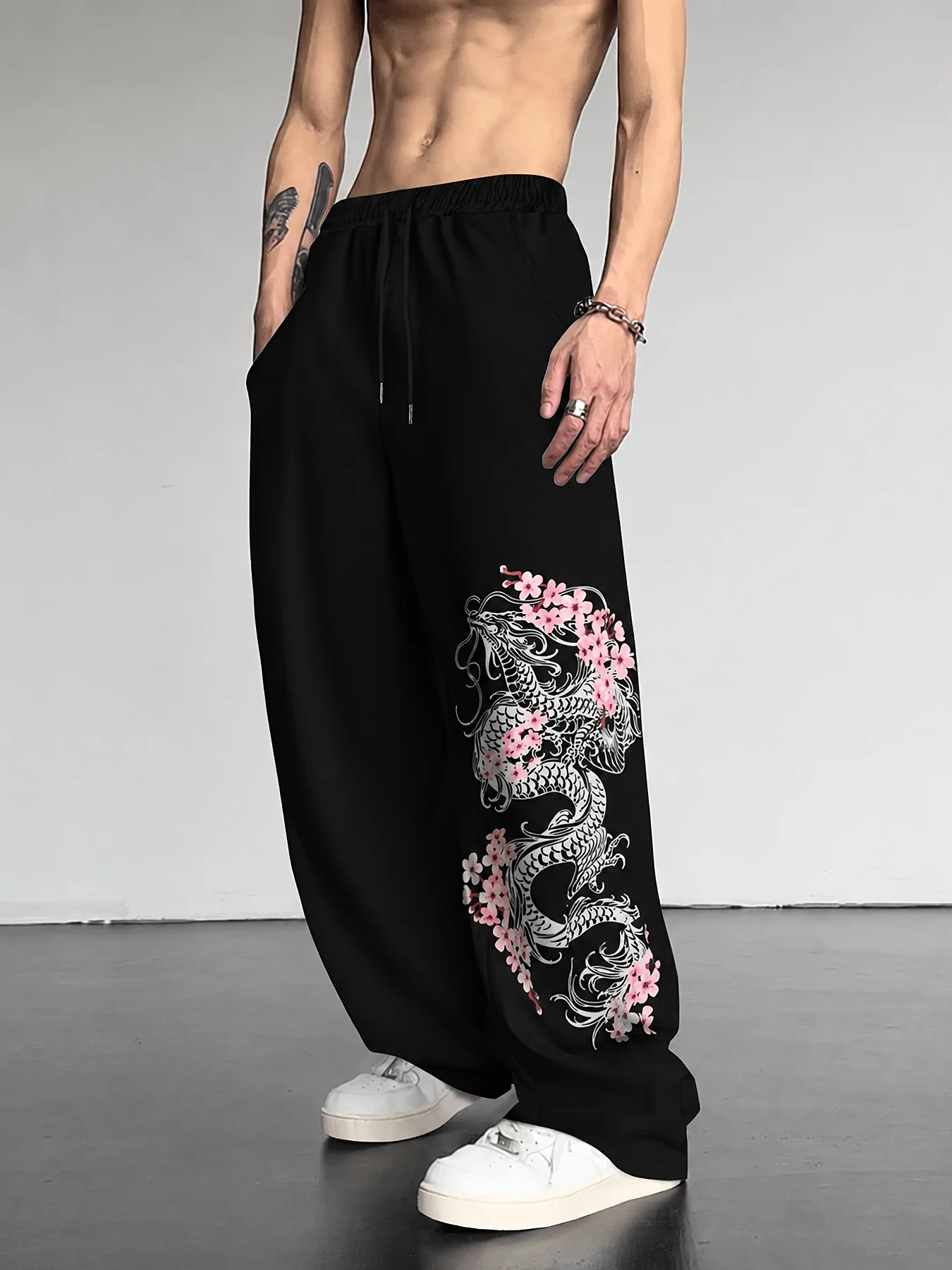 Chinese White Dragon Sakura Print Straight Sweatpants Men High Waist Trendy Trousers S-3XL