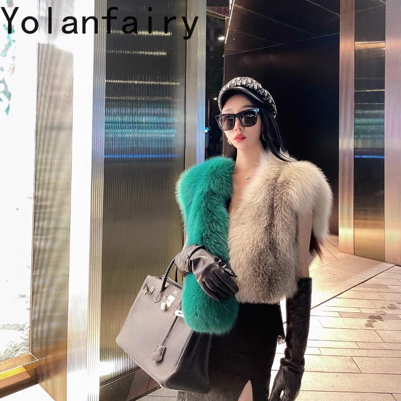 YOLANFAIRY بلوزة نسائية مستوردة من فرو الثعلب والمنك برقبة على شكل حرف v بتصميم قصير سترة فرو على طراز شارع العليا Csба2025