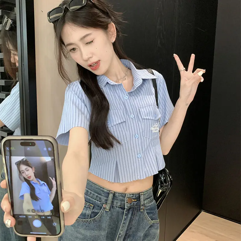 Fashion Striped Ladies Short Sleeve Tops Summer Preppy Style Trend Blouses Slim All-match 2024 New Shirts Women\'s Clothing