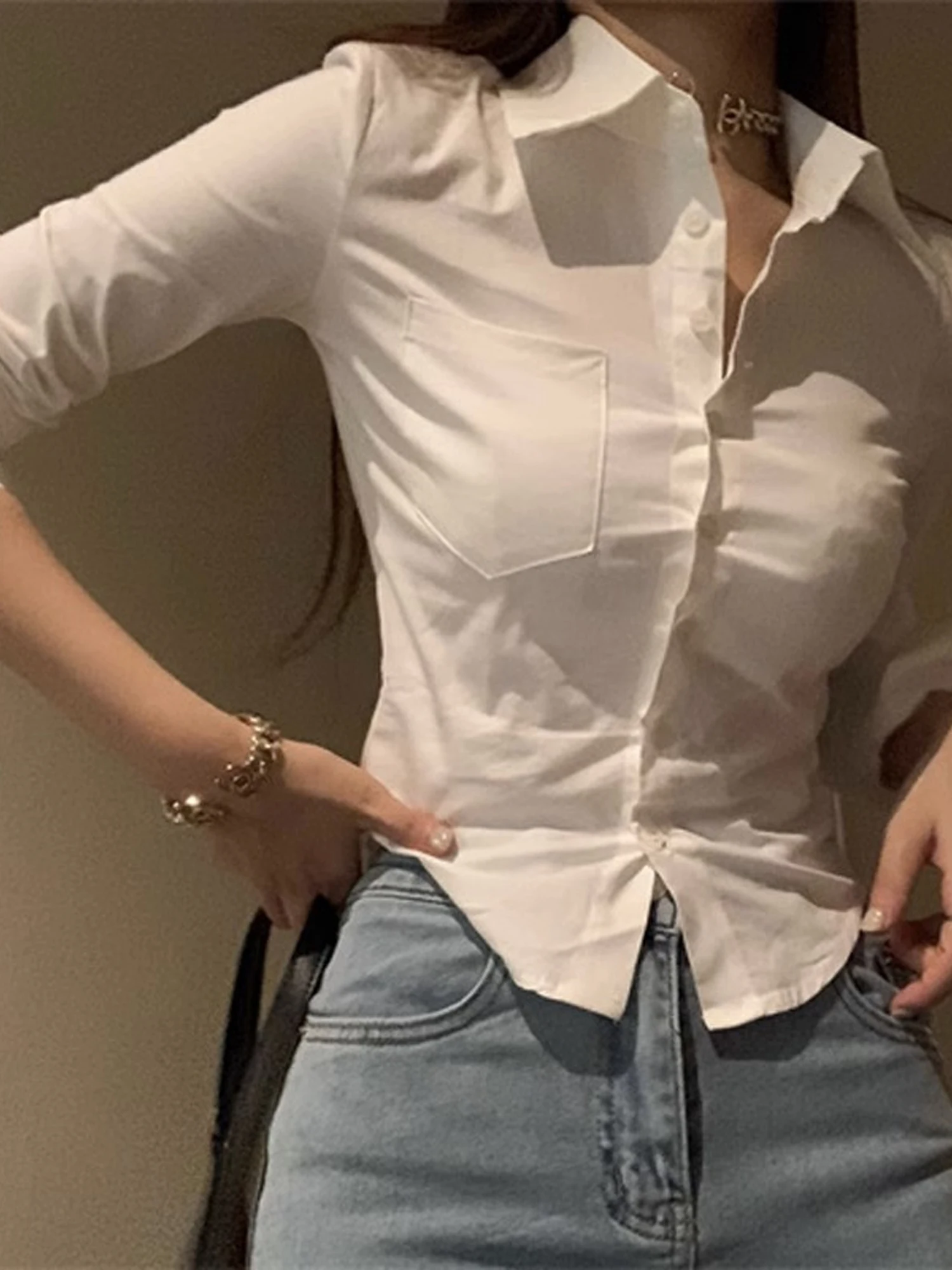 Pure Desire White Short Shirt Women's Spring Autumn New Style Spicy Girl Design Sensation Slim Fit Top Collar Button up