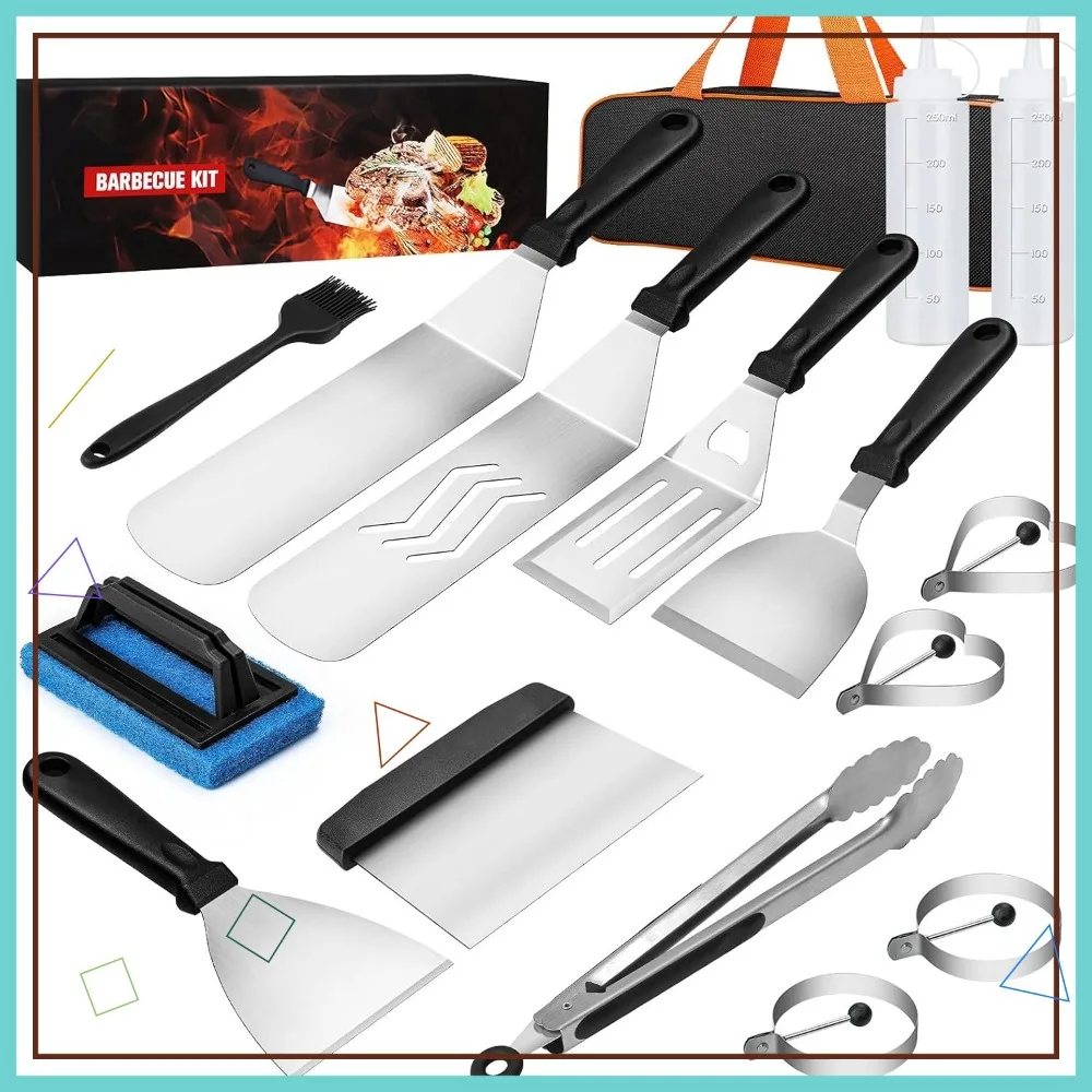 

16-Piece Stainless Steel Griddle Accessories Set with Spatulas, Scraper, Cleaning Kit & Carry Bag for Outdoor BBQ and Camping