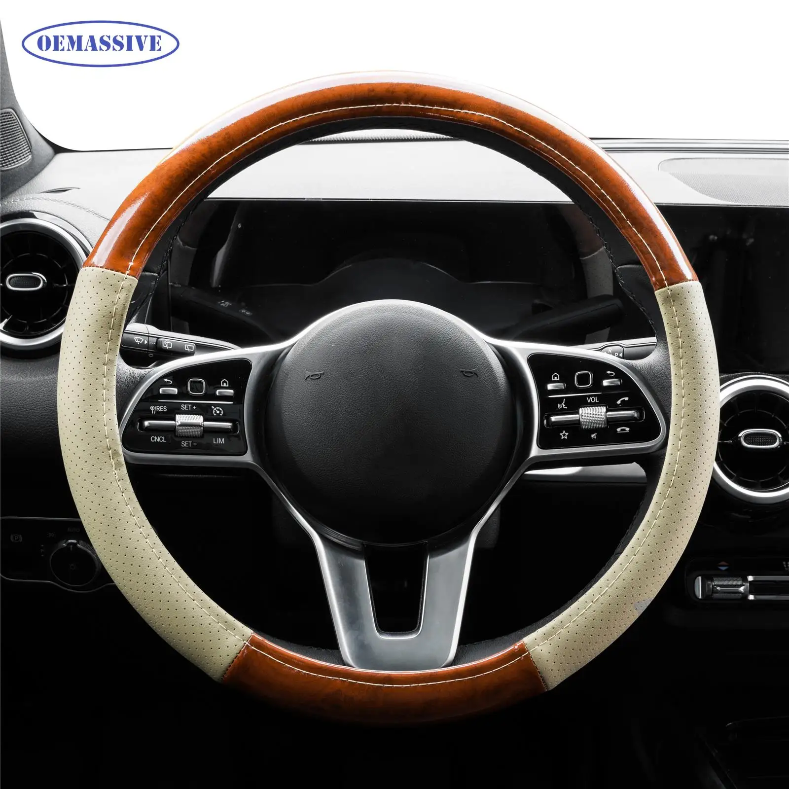 OEMASSIVE 자동차 핸들 커버, 우드 그레인 마호가니 통기성 미끄럼 방지, 범용 인테리어 자동차 액세서리, 38cm, 15 인치