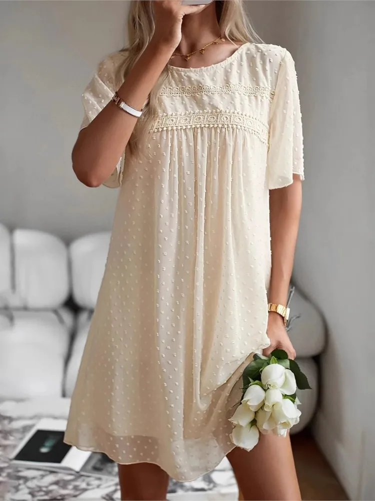 

Summer Women's Simple Solid Color Round-neck Short-sleeved Dress Elegant Temperament Commuting Comfortable Casual Dresses