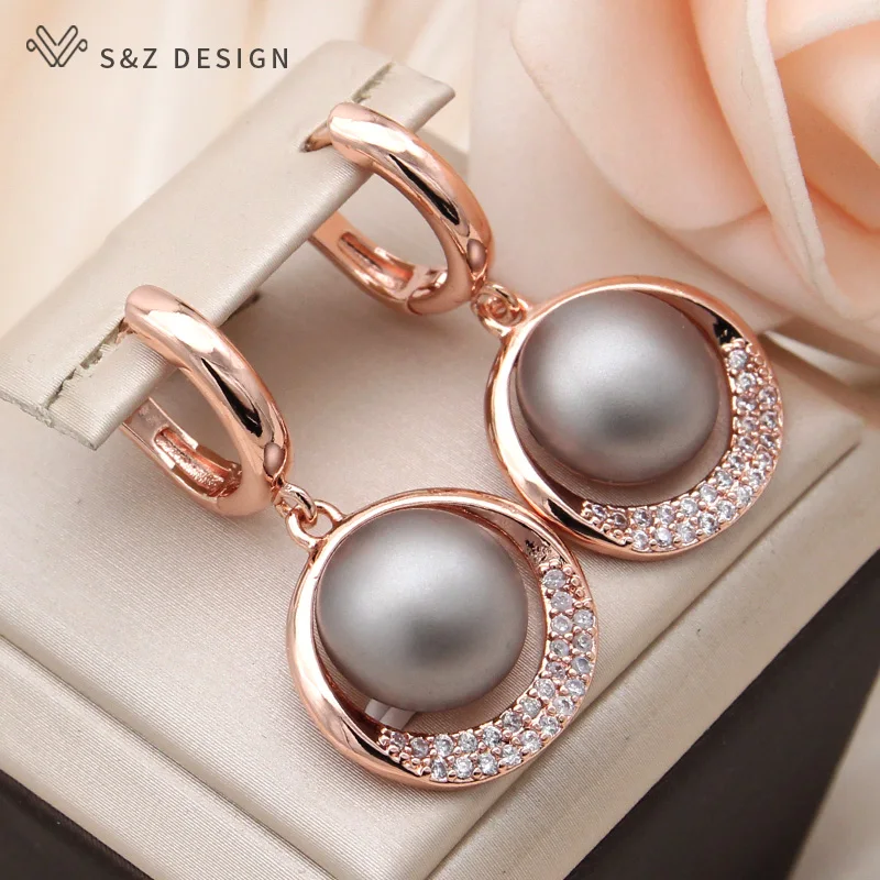 S&Z DESIGN New Fashion Round Simulated-pearl Dangle Earrings For Women Wedding 585 Rose Gold Color Cubic Zirconia Jewelry