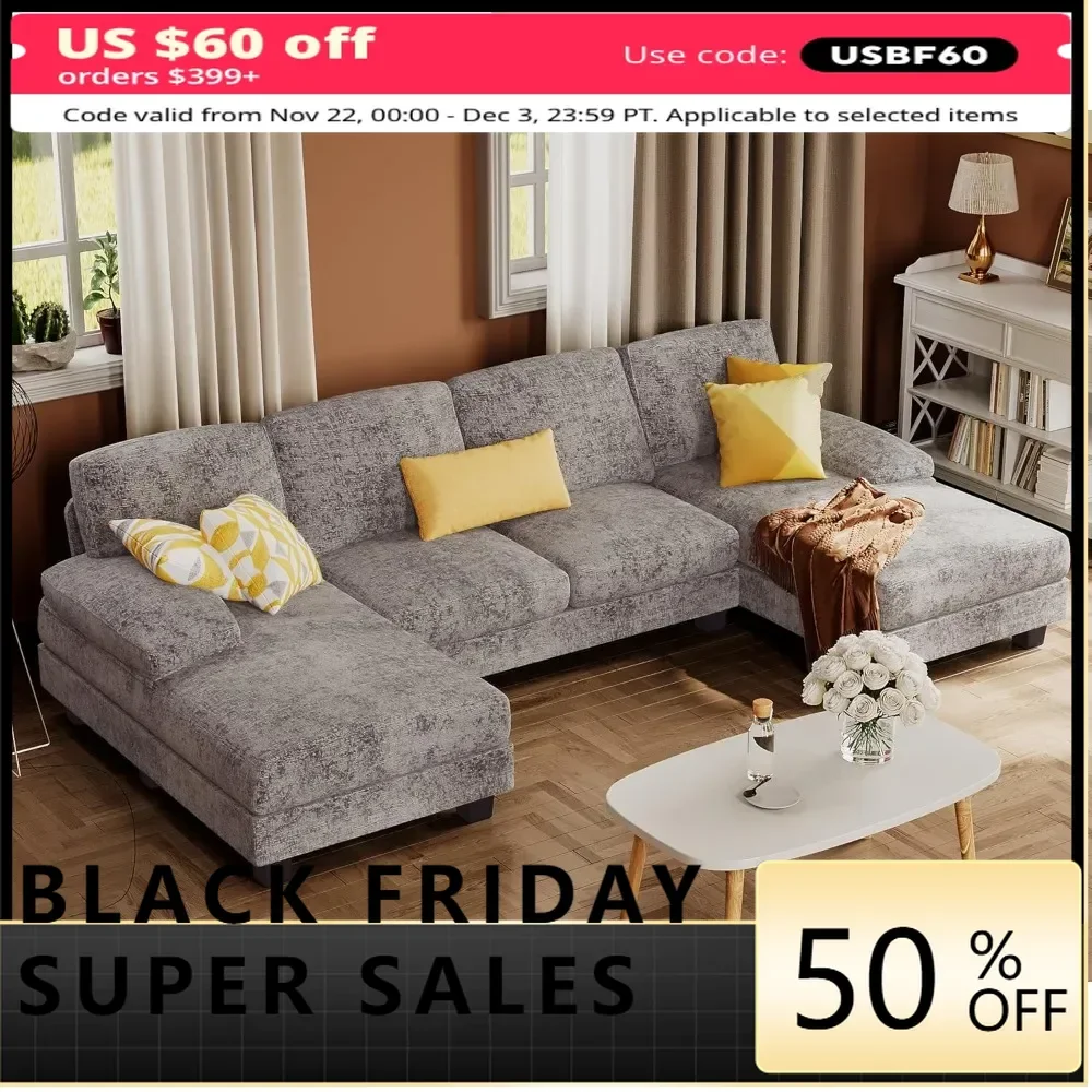 

Sectional Couches for Living Room, U-Shaped Sofa Couch with Linen Fabric, 4 Seat Sofa Set with Double Chaise for Apartment