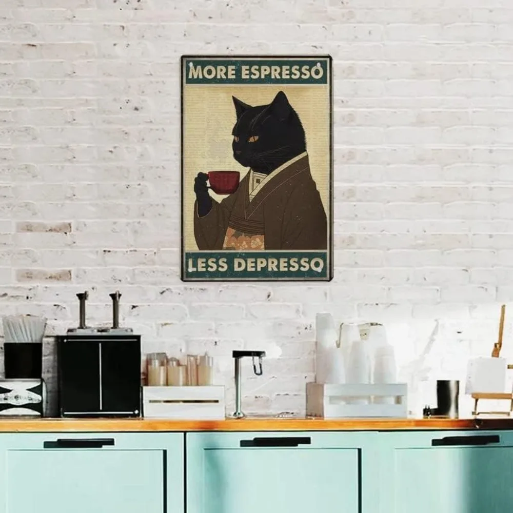 Retro Metal Tin Sign 5.5 X 8 Inches More Espresso Less Depresso Poster Drinking Poster Coffee Lover Gift Funny Black Cat Wall Ar