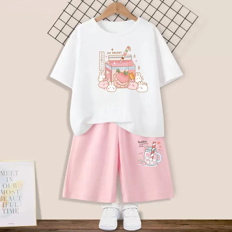 Summer Kids Girls Clothes Set Teen Girl Peach Juice T-shirt + shorts 2pcs Girl Outfits Kids Kawaii Clothing  3-14years