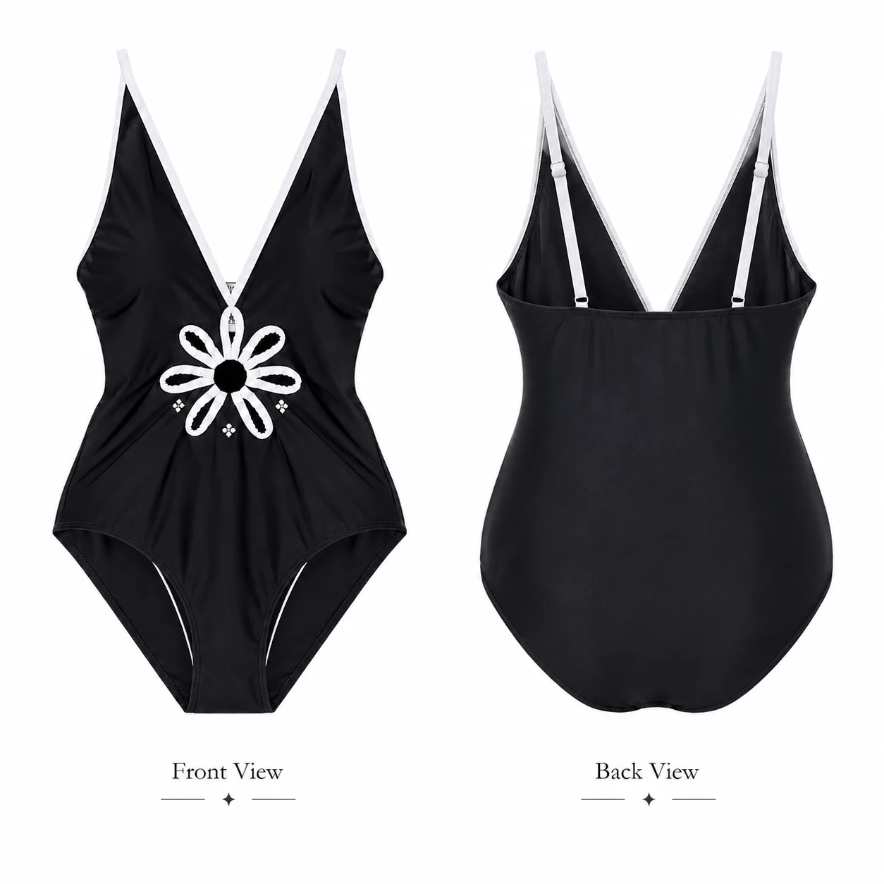 Luxury Women's Black Cutout One-Piece Swimsuit: Deep V-Neck Daisy Floral Monokini Bathing Suit for Summer Beach & Hot Spring - view 3