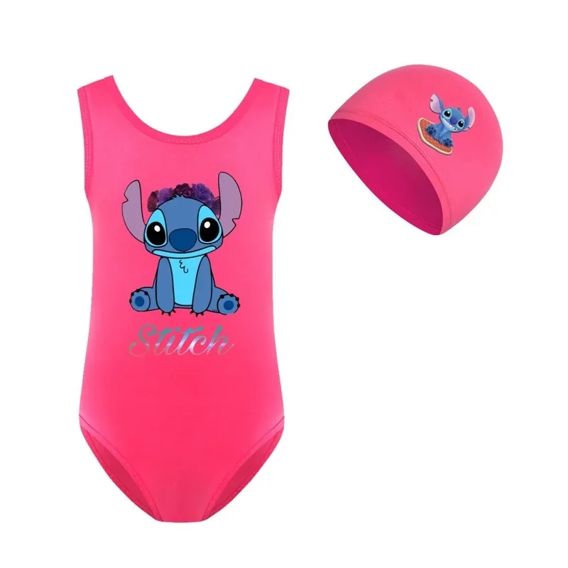 Disney Stitch Children\'s One Piece Swimsuit Set Cute Cartoon Swimwear Swimming Cap Little Girls Bathing Suit Summer Beach Pool