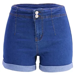 Shorts jeans azul de estiramento alto feminino, bolso de botões, nova moda, verão, 2023