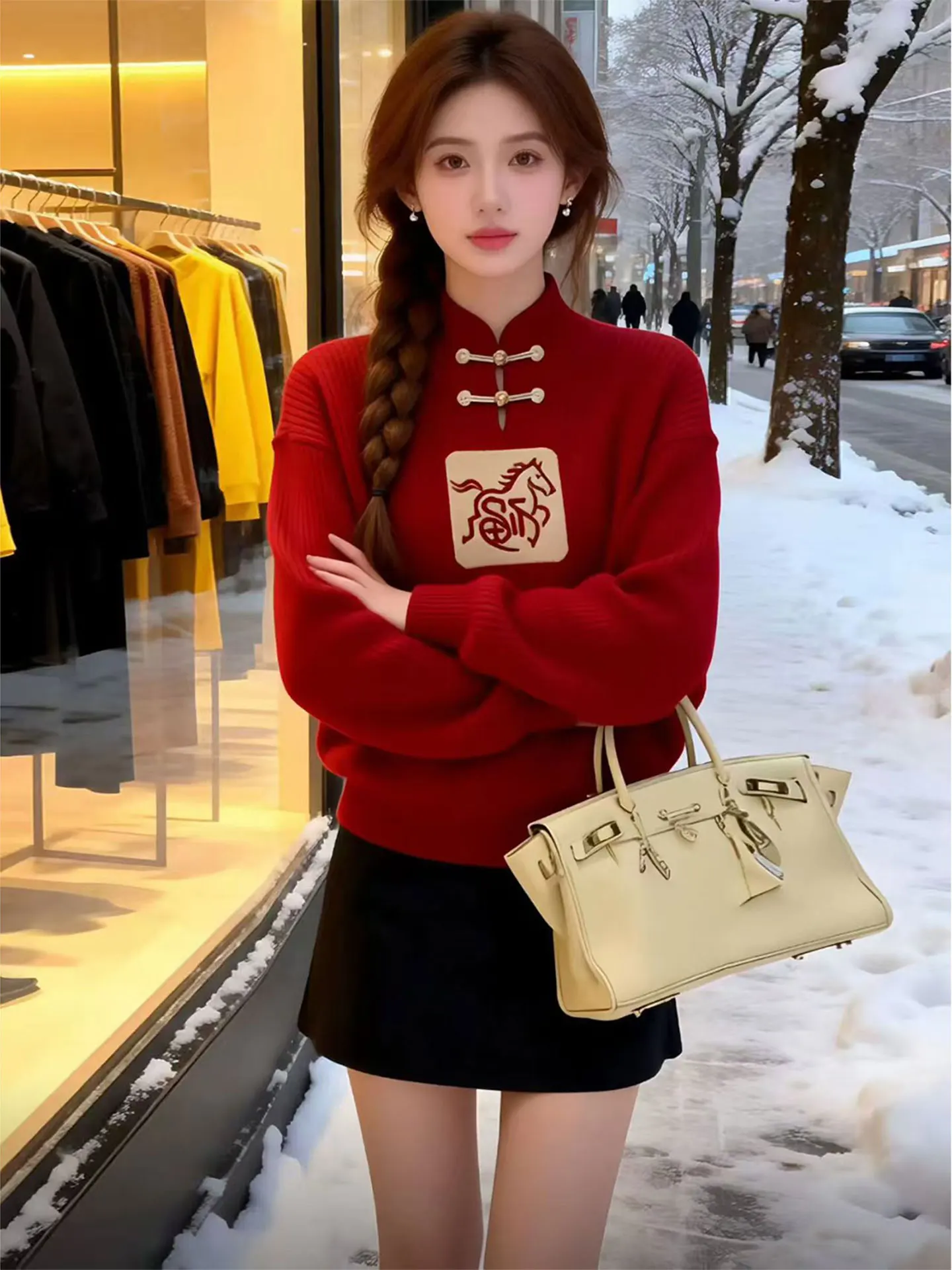 

Красный длинный вязаный свитер Све, китайский новогодний повседневный свободный крой, женский зимний модный трикотаж больших размеров, топ