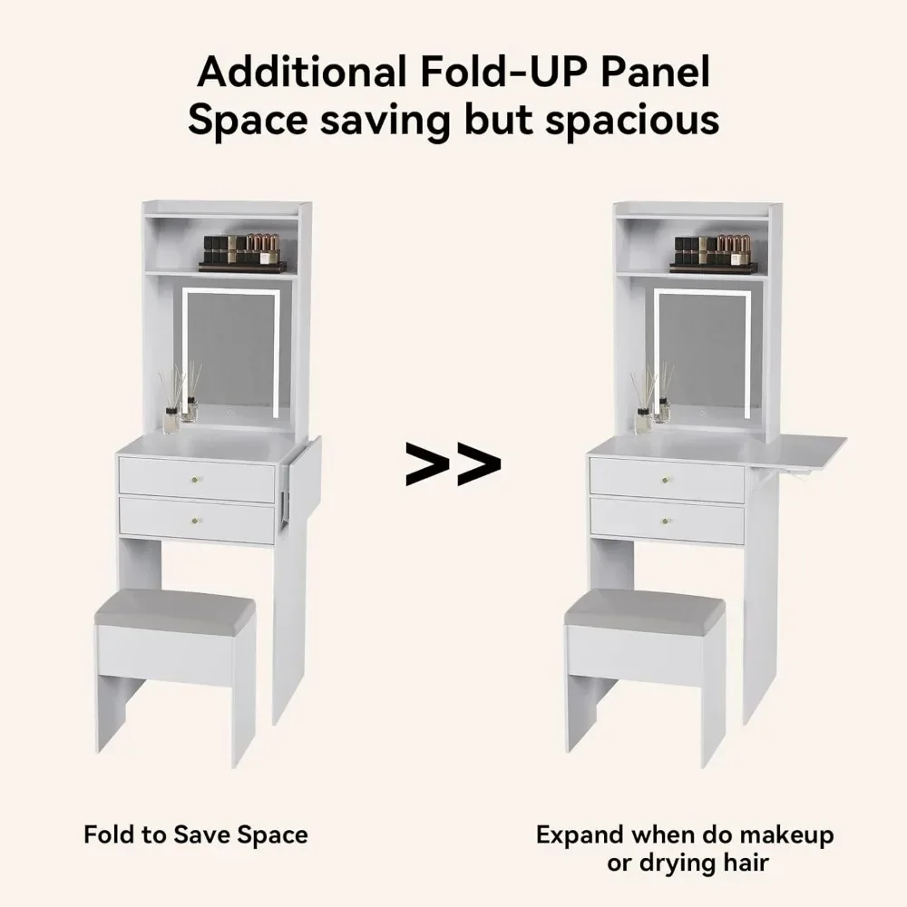 バニティデスクセット,調節可能なライト付きミラーと収納チェア,小さなスペース用の化粧台